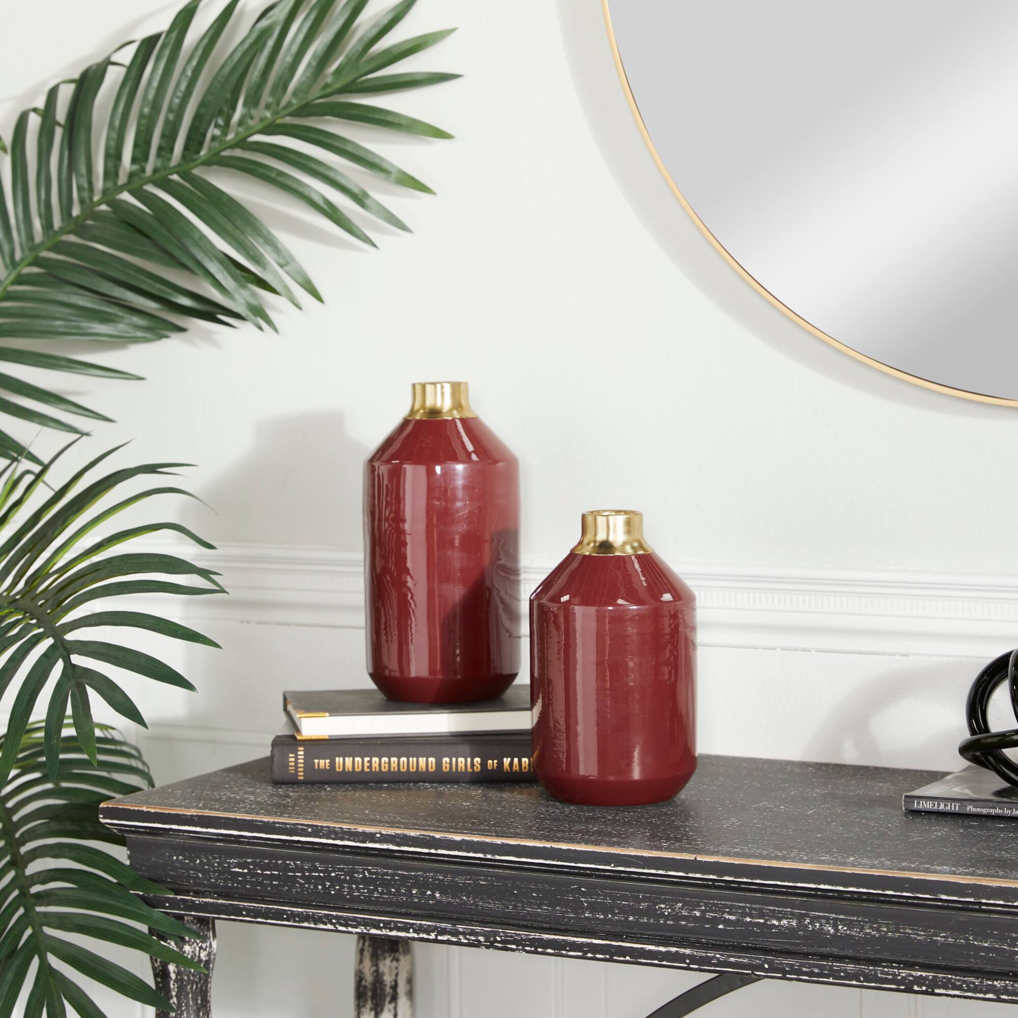 The Novogratz Set of 2" Red Metal Modern Vase, 10" x 5" x 5"